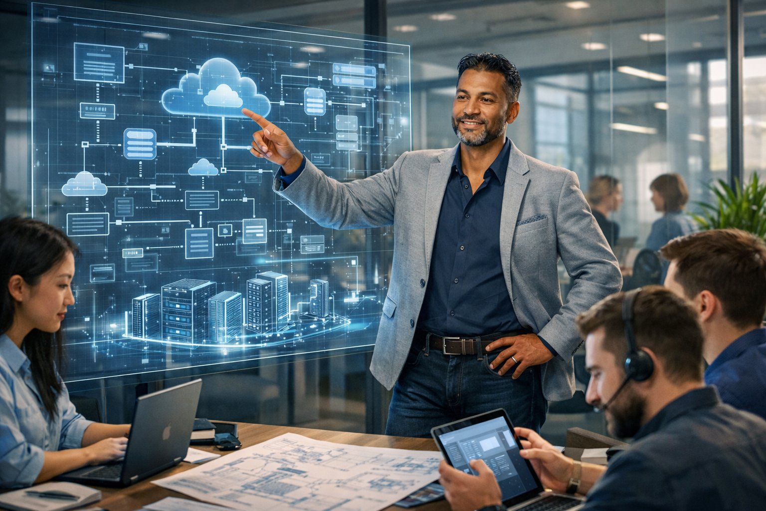 A CTO leading a team in a modern office, pointing at a large screen showing system architecture diagrams while colleagues collaborate nearby.
