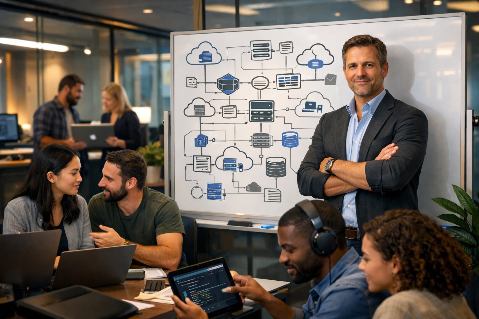 A CTO stands by a digital whiteboard with architectural diagrams while a diverse team of engineers collaborates in a modern office.