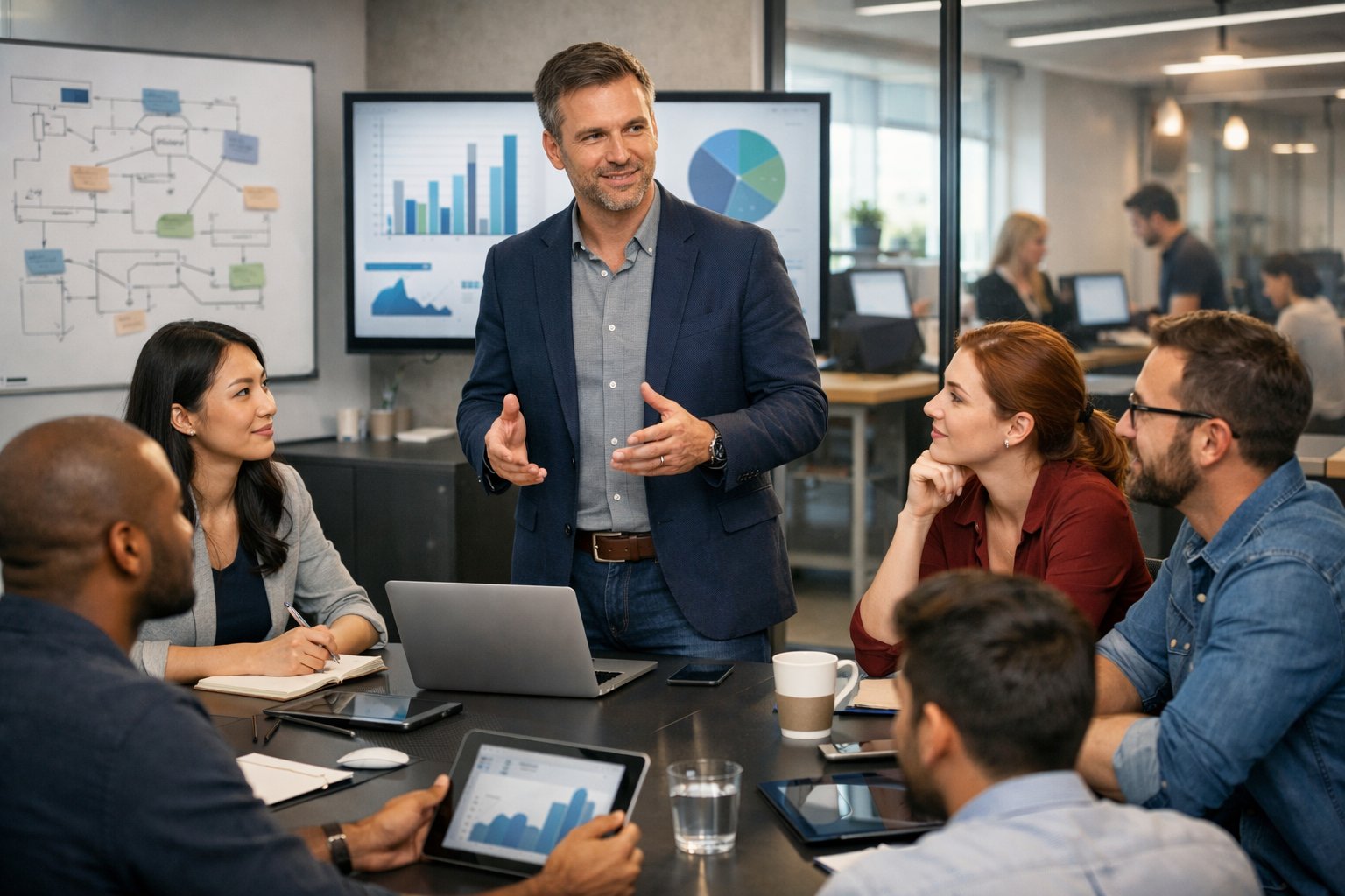 A CTO leading a small team of employees in a modern office, discussing ideas around a conference table with digital devices and charts in the background.