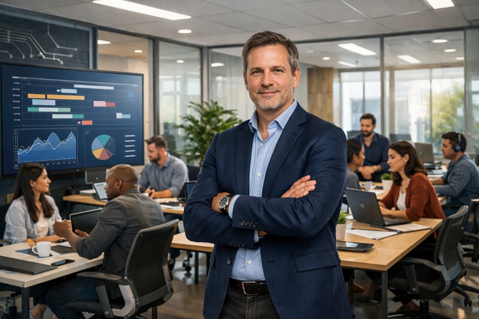 A confident business leader standing near a digital screen in an open office with a team of people working and collaborating around desks.