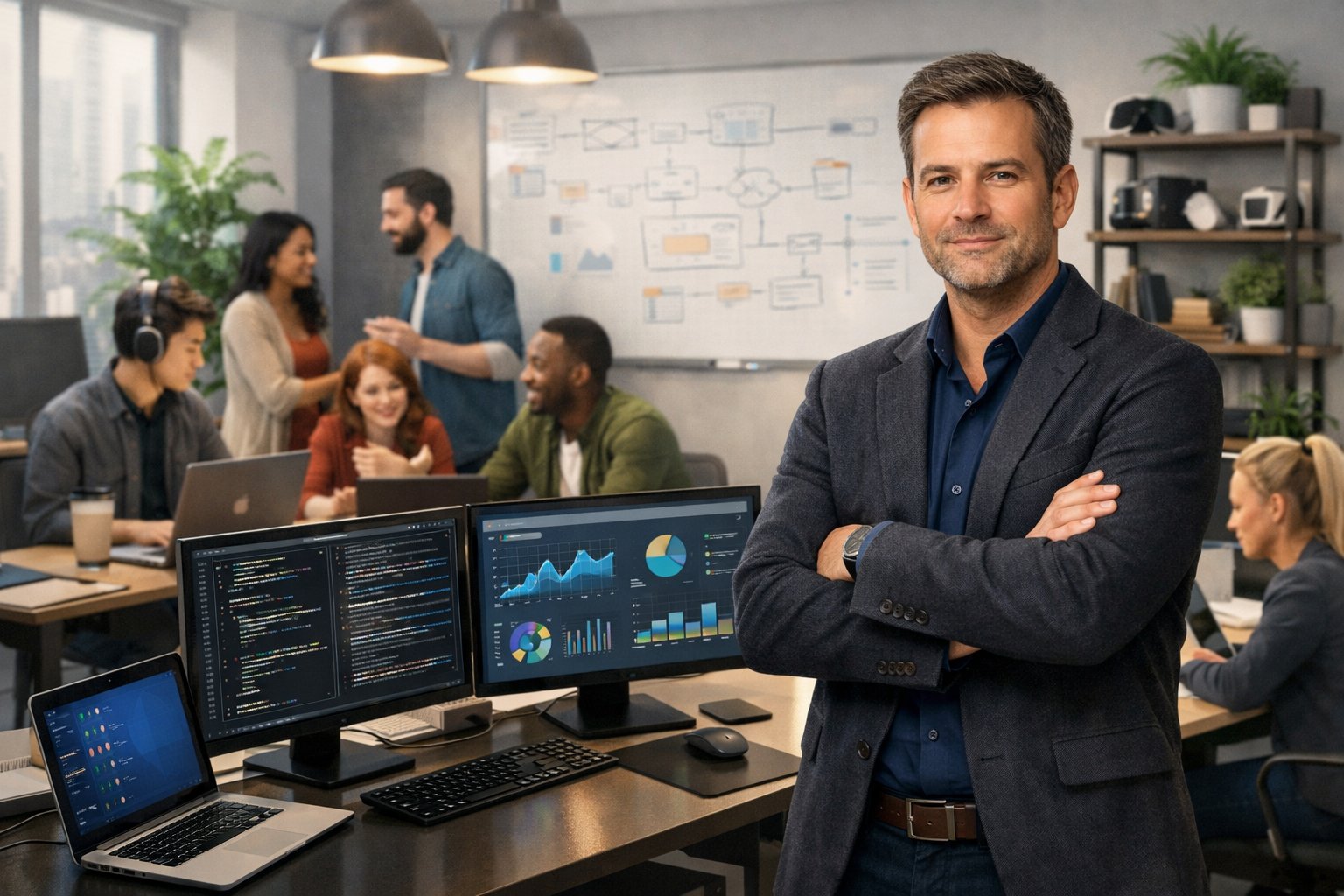 A CTO leading a small team of employees working together in a modern office with computers and whiteboards.