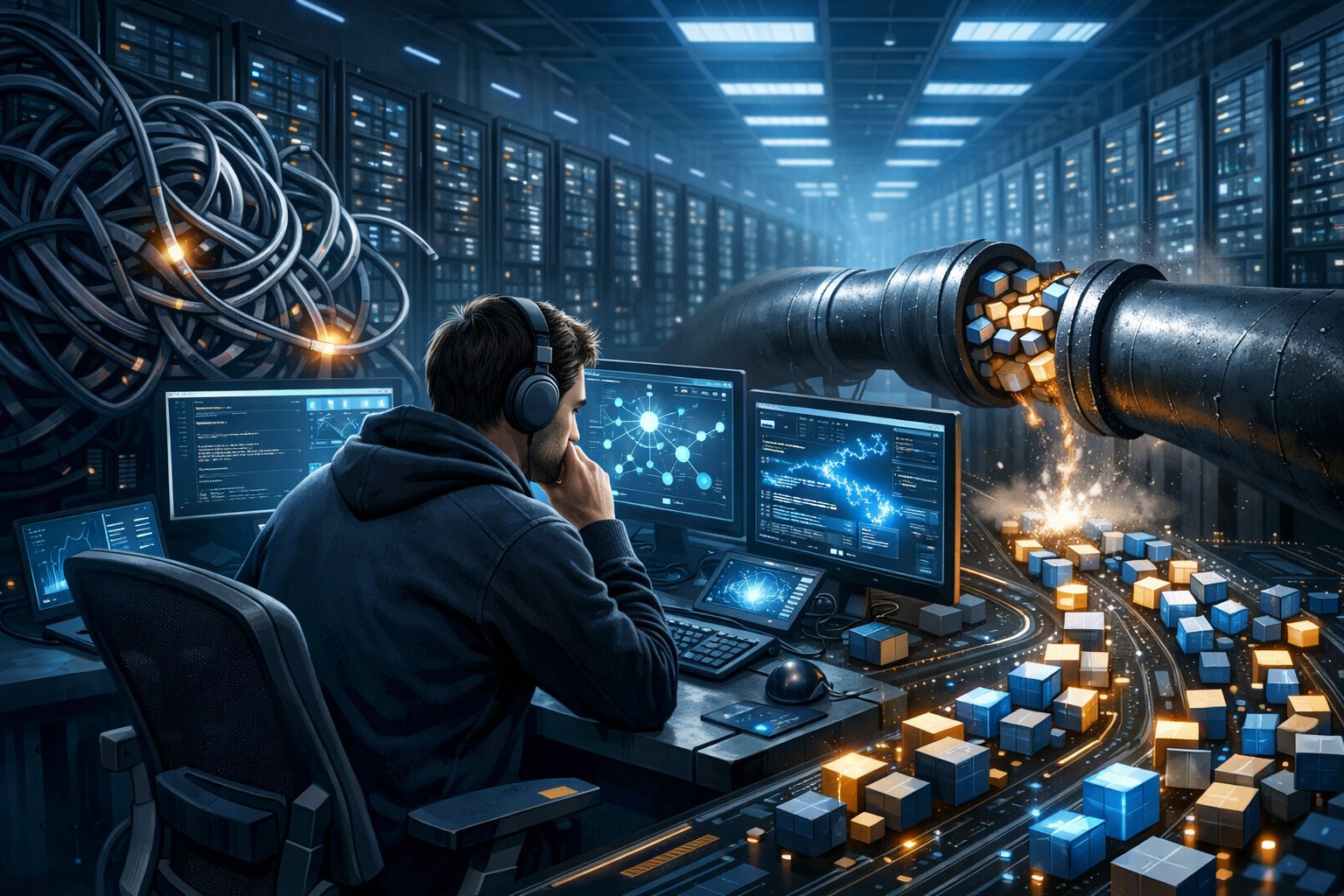 A DevOps engineer at a workstation with multiple monitors showing system data, surrounded by visual representations of bottlenecks like tangled cables and slow data streams, with a large server room in the background.