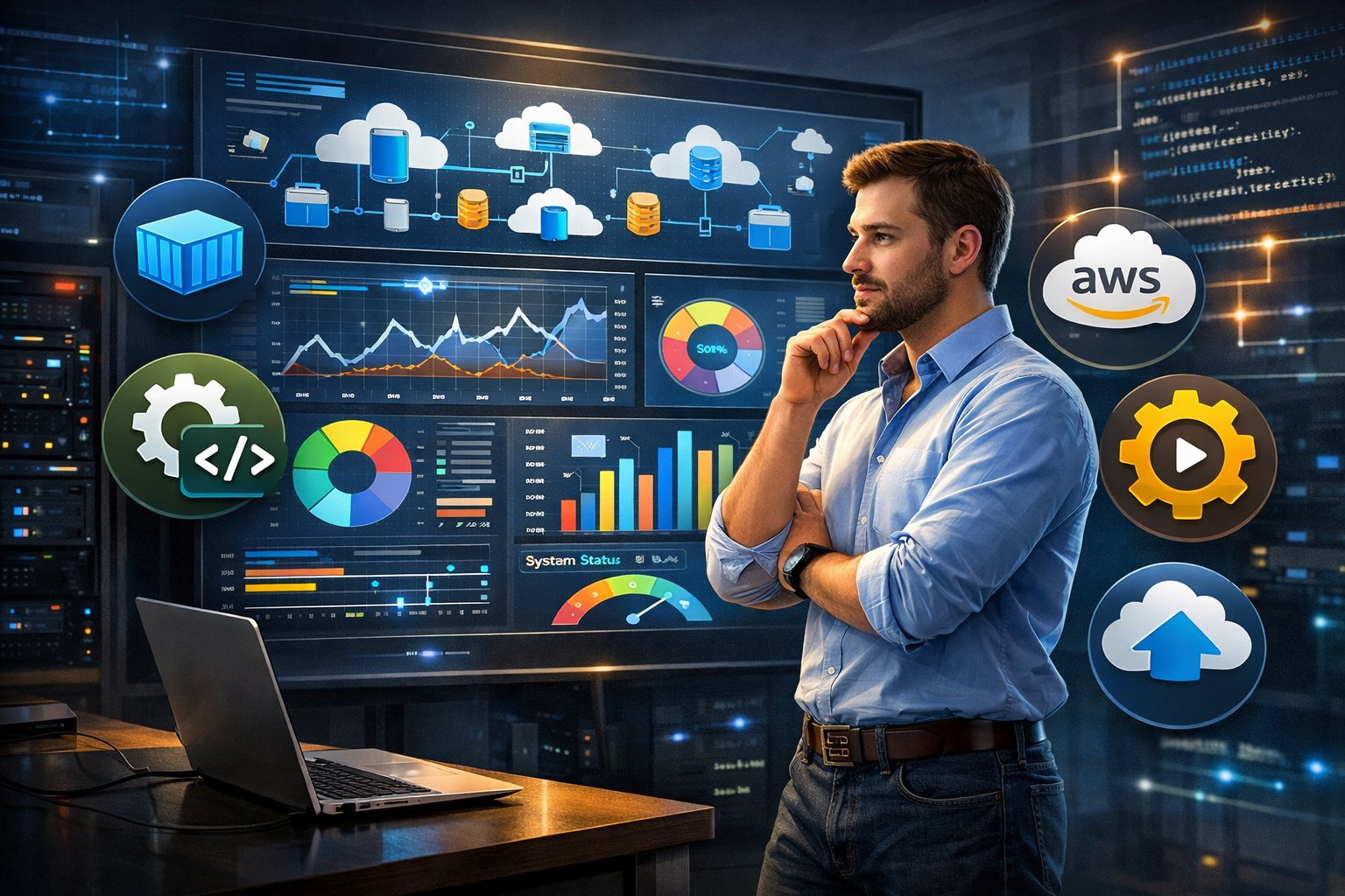 A DevOps engineer standing at a digital dashboard with charts and cloud infrastructure diagrams, analyzing data in an office setting.