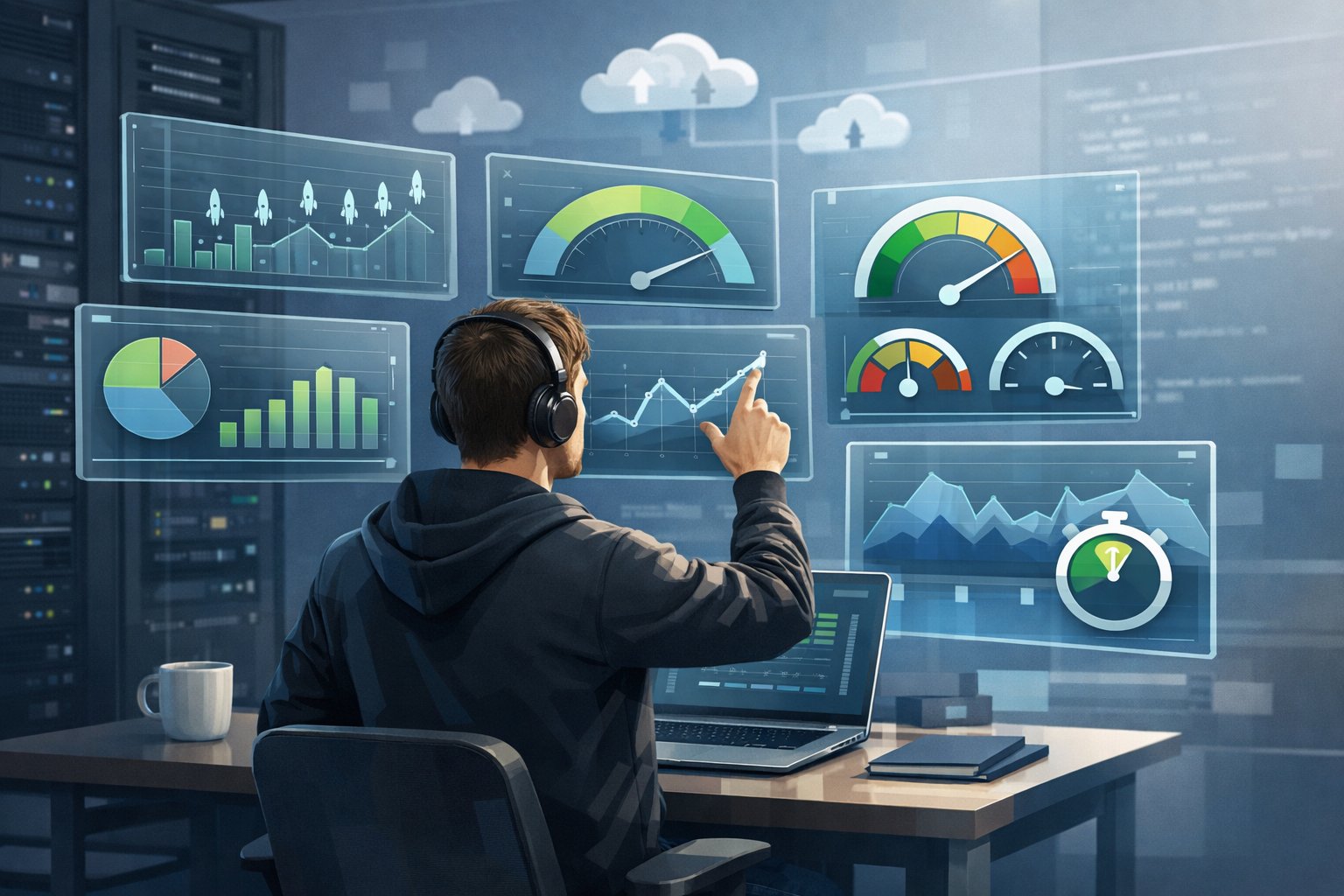 A DevOps engineer interacting with floating digital dashboards showing various performance graphs and charts in a modern workspace with servers and cloud icons in the background.