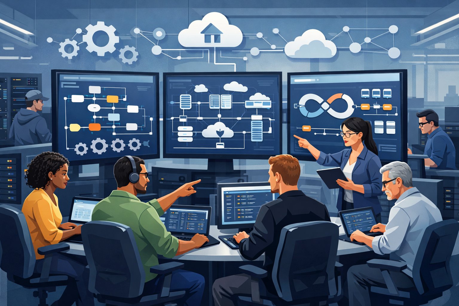 A group of engineers working together in a modern office with multiple screens showing cloud infrastructure, automation pipelines, and network diagrams.