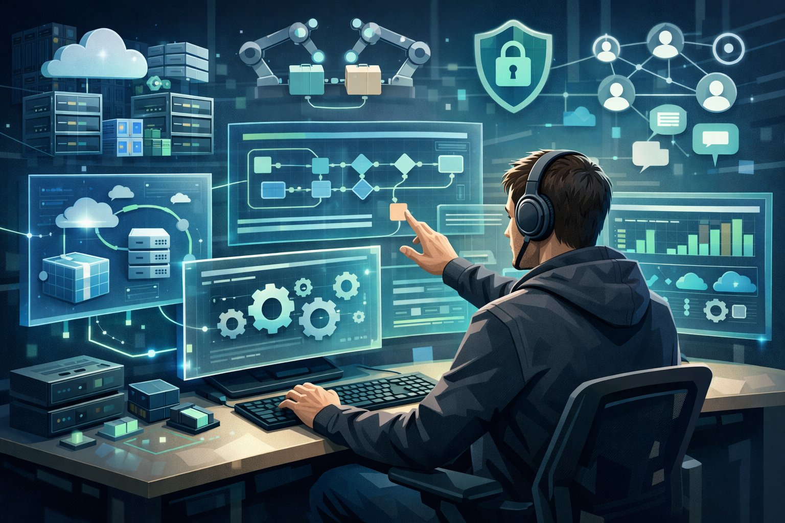 An engineer working at a workstation surrounded by multiple digital screens showing cloud infrastructure, code pipelines, and automation tools, representing DevOps ownership and management.