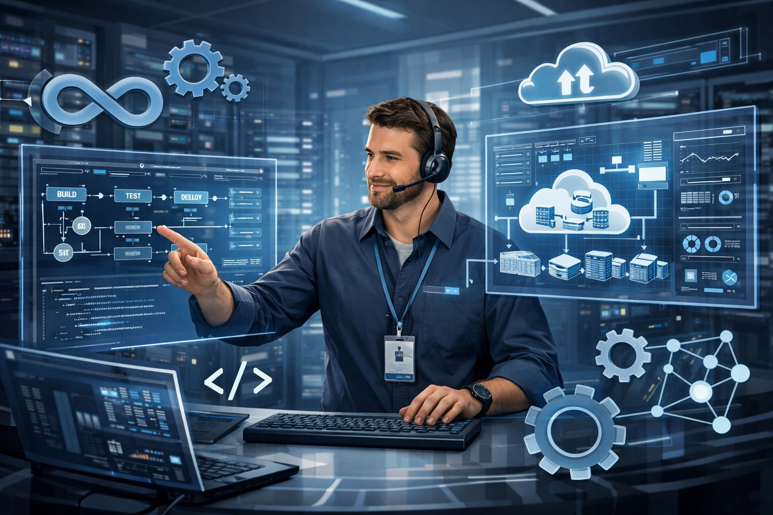 A DevOps engineer interacting with multiple digital screens showing data flows and cloud infrastructure in a modern office with servers and network equipment.