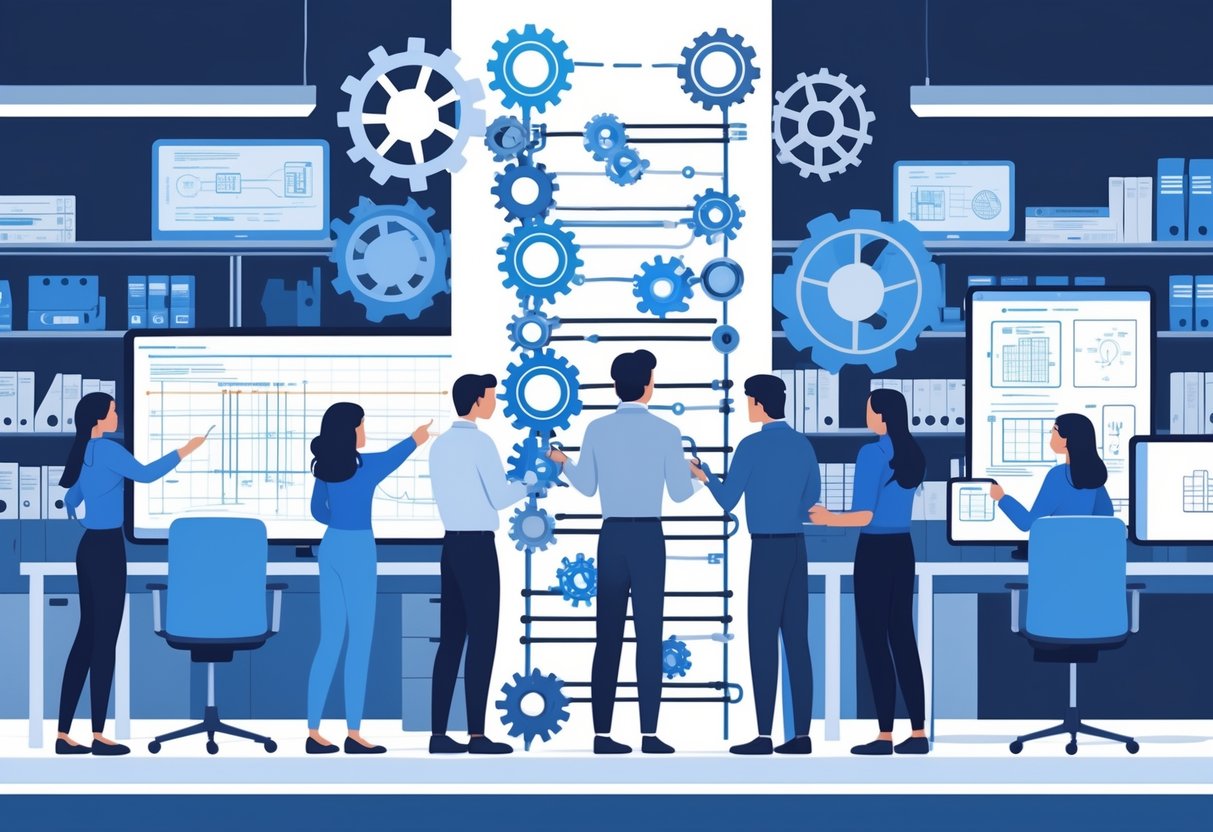 A group of engineers collaborating around a digital display showing a career ladder made of gears and technical tools, with some mentoring others in a modern office.