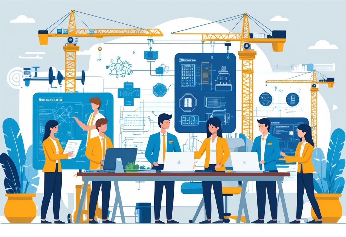 A group of engineers from various fields working together on projects representing different industries, showing career growth and collaboration.