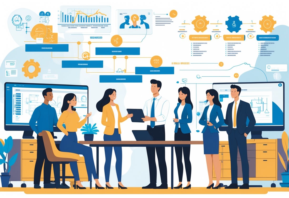 A group of engineers collaborating around a conference table with a digital tablet, surrounded by symbols of career progression and engineering tools.