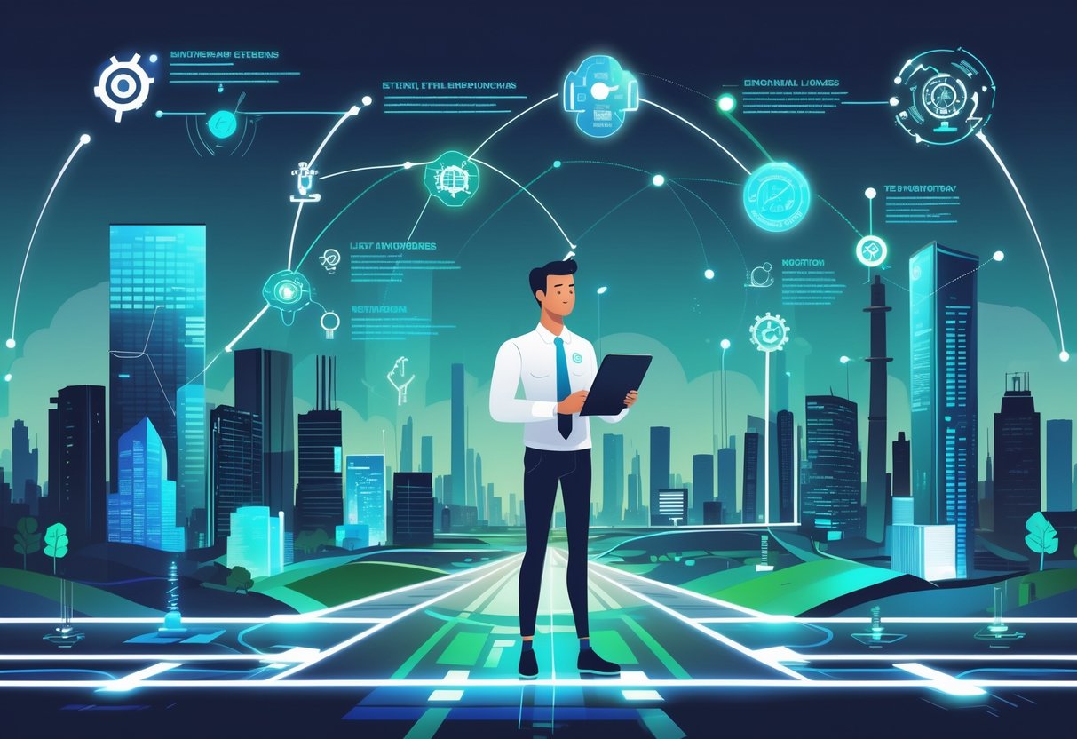 An engineer standing at a crossroads with futuristic pathways representing different advanced engineering fields, holding a digital tablet with charts, surrounded by technology icons and a modern cityscape in the background.