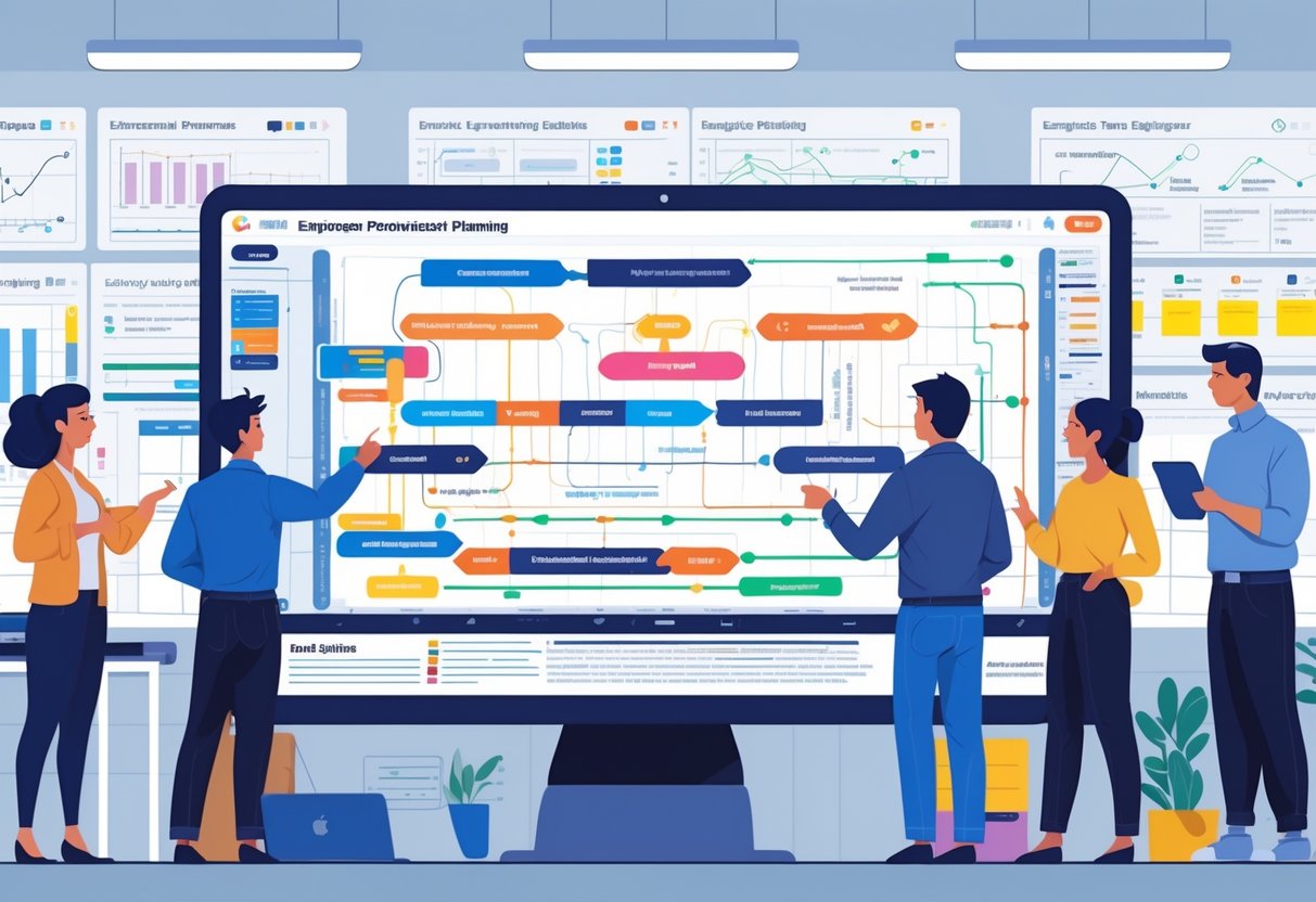 A group of engineers and project managers collaborating around a digital table displaying an engineering roadmap with tasks and milestones in a modern office.
