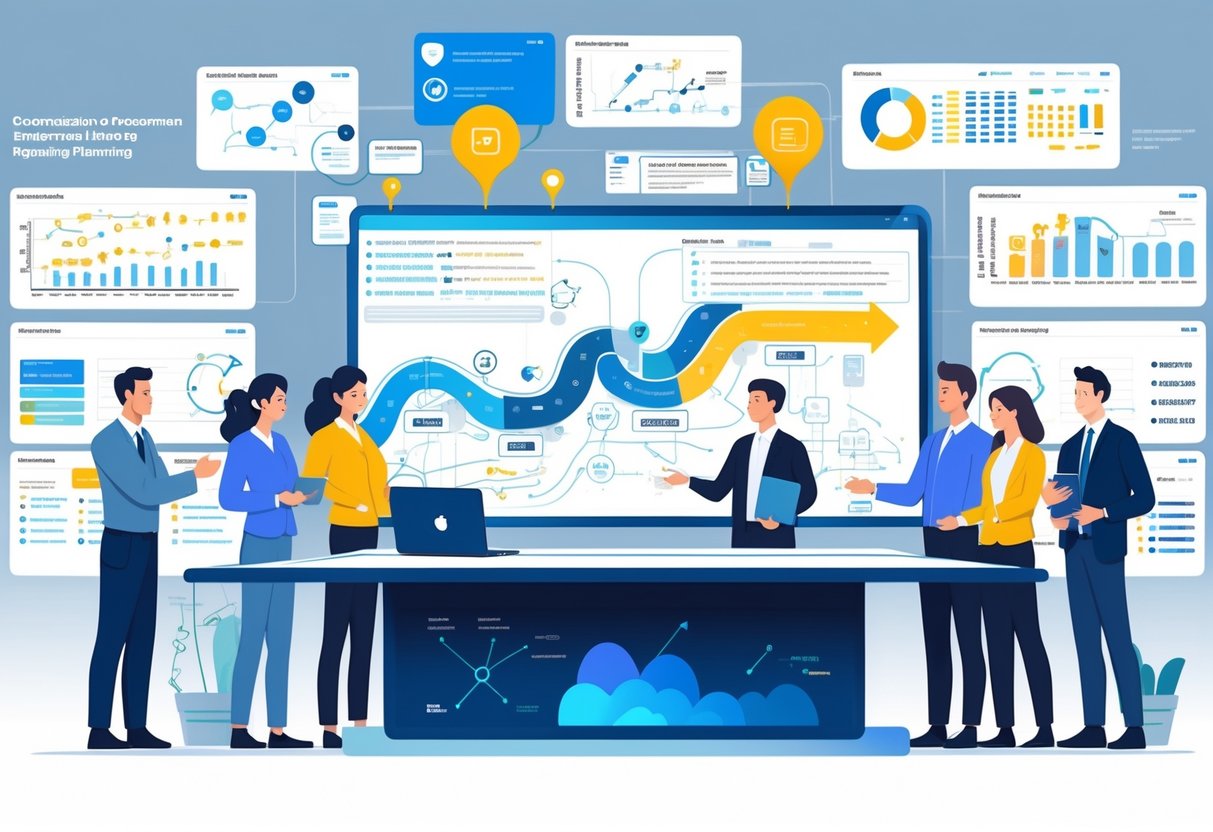 A team of engineers and managers collaborating around a digital table displaying a complex engineering roadmap with interconnected tasks and resource planning.