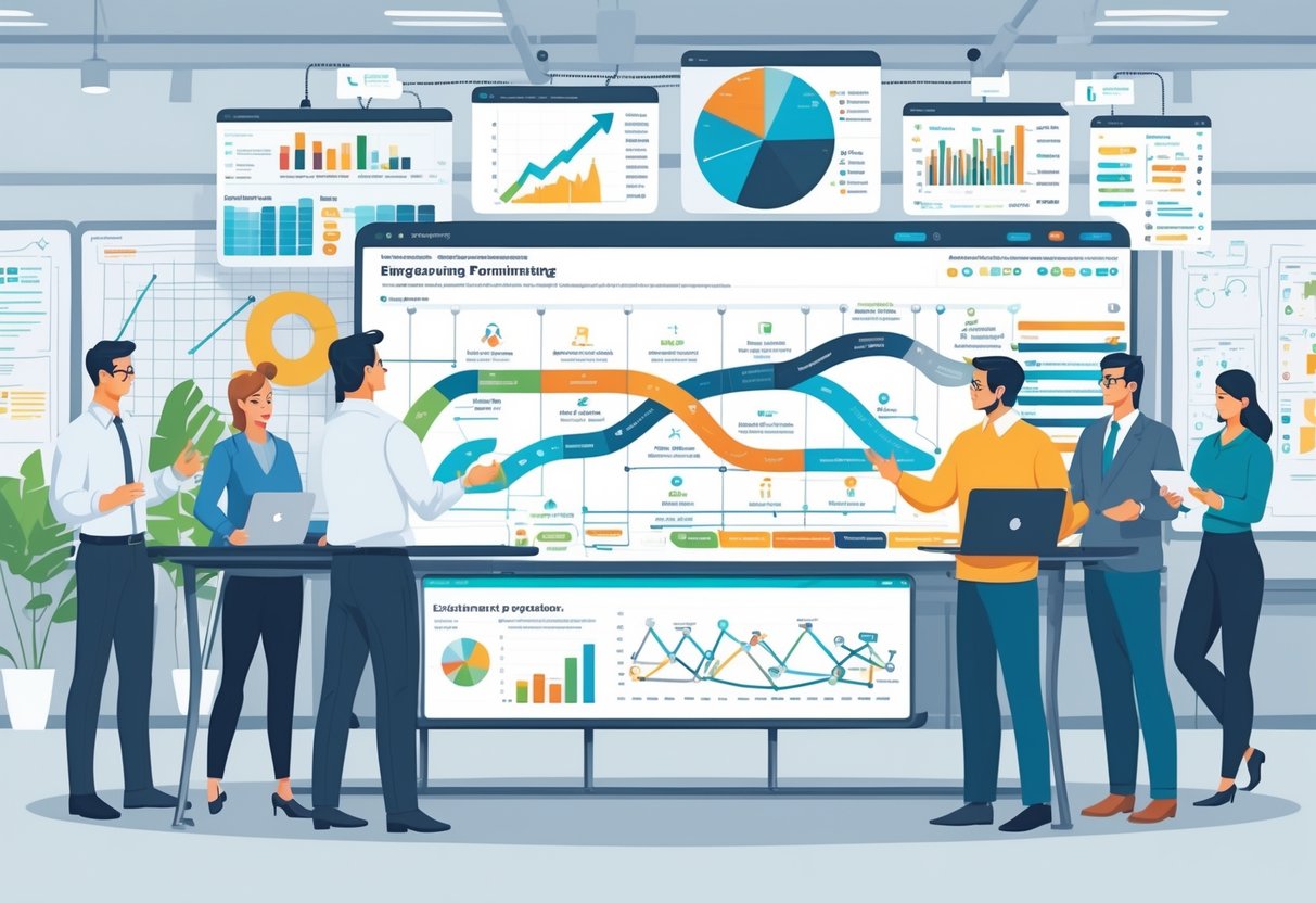 A team of engineers and project managers collaborating around a digital table displaying an engineering roadmap with charts and diagrams in a modern office.