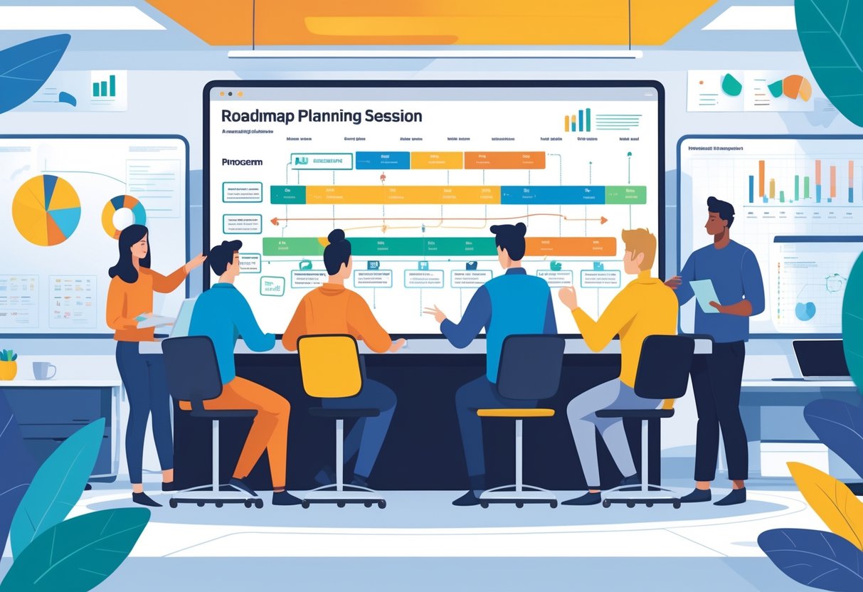 A group of diverse professionals collaborating around a digital table displaying a project timeline in a modern office setting.