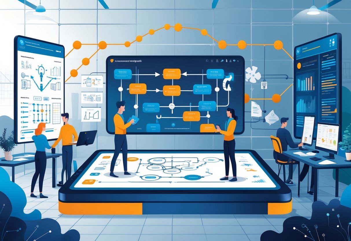 Engineers and strategists collaborating around a digital table with flowcharts and diagrams, showing the process from concept to execution in an engineering workspace.