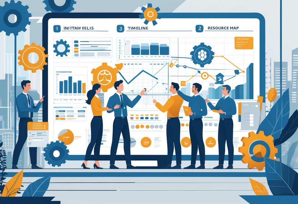 A team of engineers and project managers collaborating around a digital table with charts and diagrams, with a city skyline and technical schematics in the background representing planning and execution.