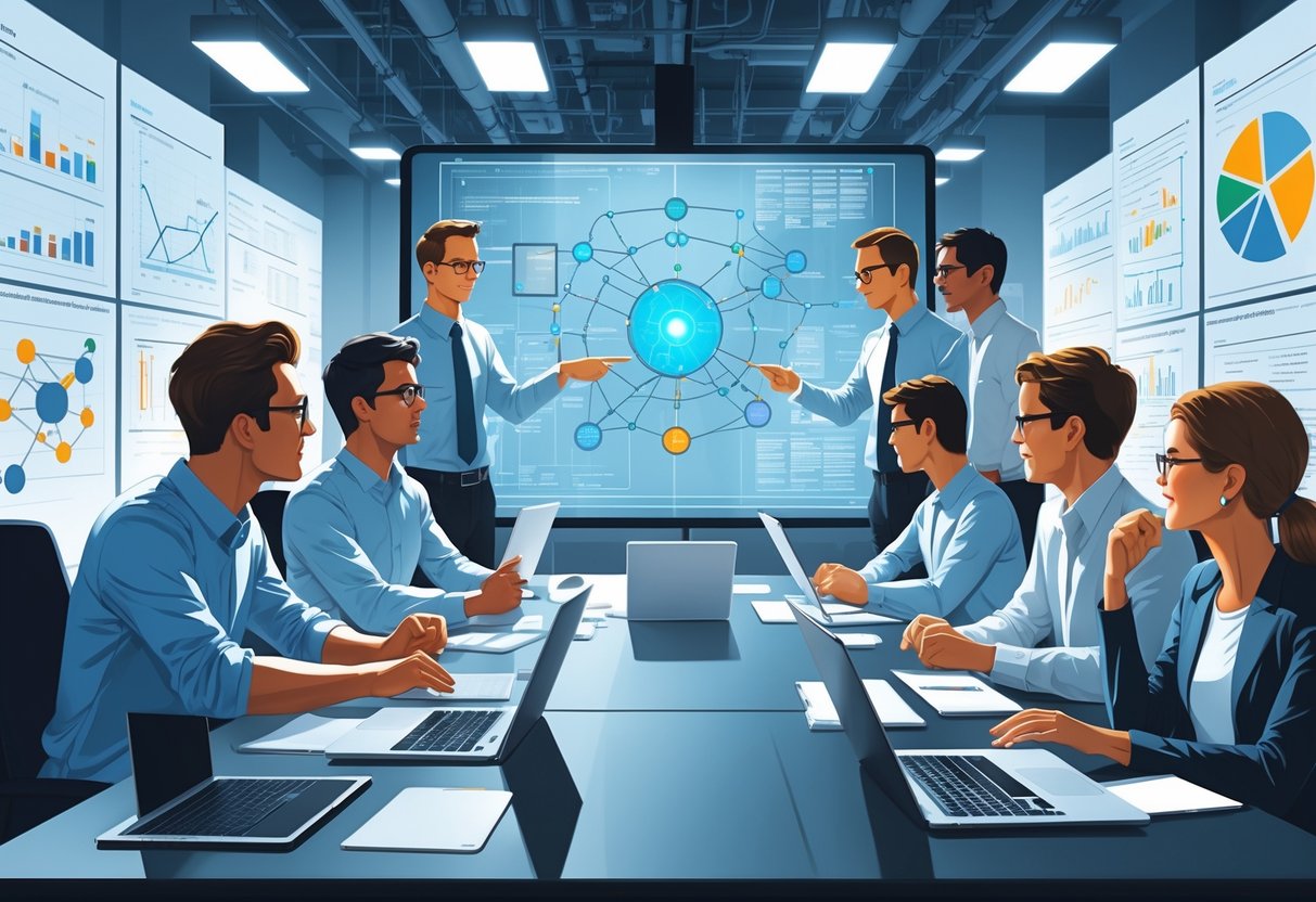 A group of engineers working together around a table with laptops and digital displays, discussing complex problem-solving strategies.