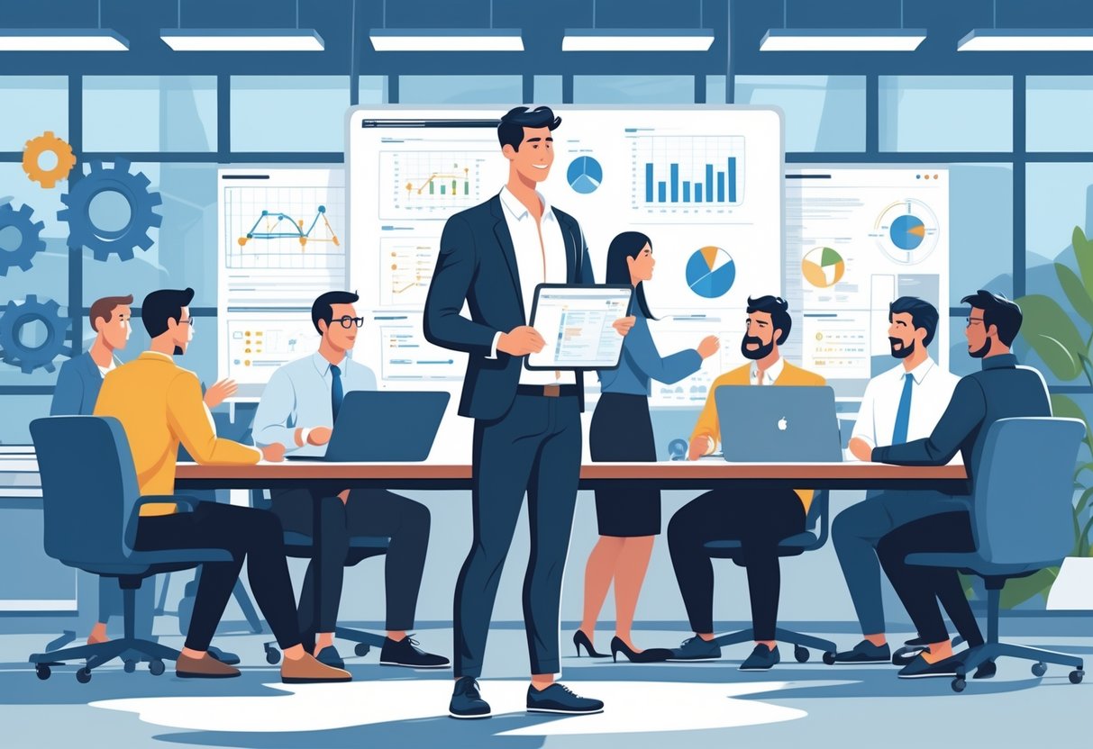 An engineer leading a team of diverse colleagues in a modern office, discussing technical plans around a table.