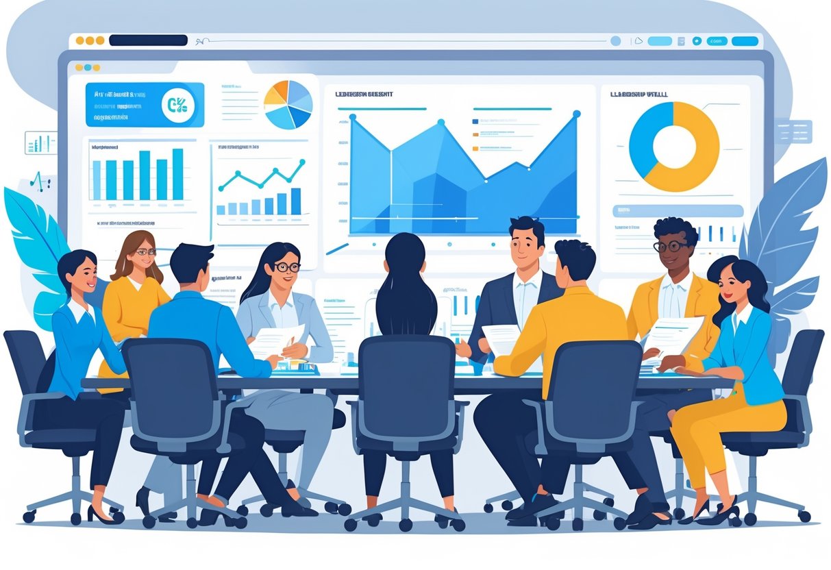 A group of engineers in a meeting room discussing hiring and leadership skills, with charts displayed on screens behind them.