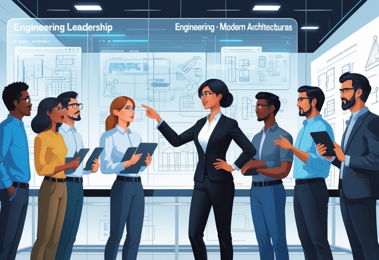 A group of engineers gathered around a leader discussing architectural diagrams on a digital screen in a modern office.