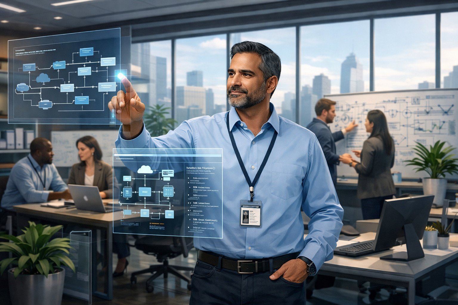 An engineer standing in a modern office with digital screens showing technical diagrams, surrounded by colleagues collaborating on projects.