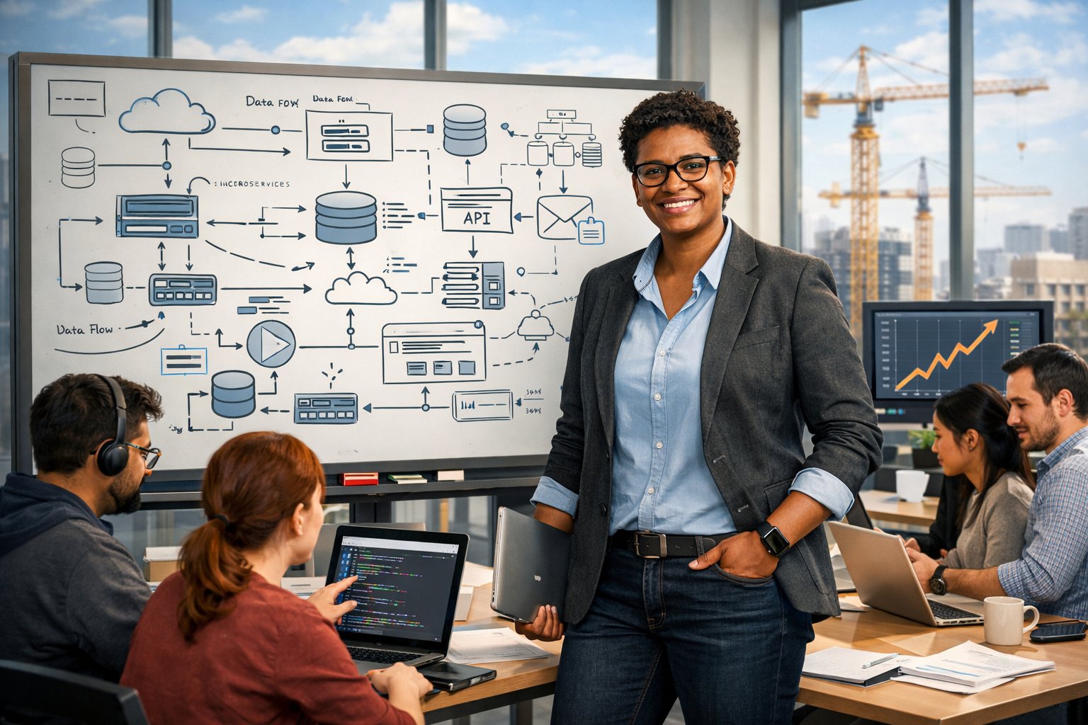 A principal engineer leading a team in a modern office with digital diagrams and growth symbols visible.
