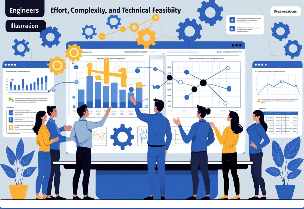 Engineers collaborating around a digital table displaying charts and diagrams representing effort, complexity, and feasibility in task prioritization.