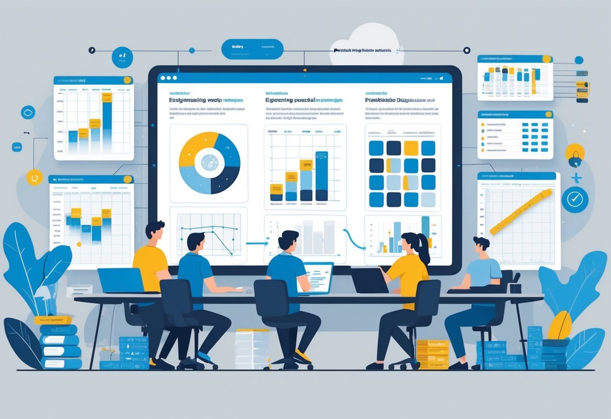 Engineers collaborating around a table with charts and devices showing scoring systems, with diagrams on a screen in the background representing prioritization frameworks.
