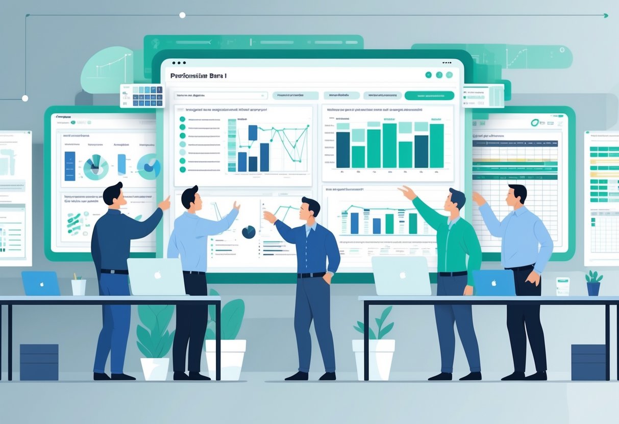 A team of engineers collaborating around a digital dashboard displaying charts and prioritization tools in a modern office setting.