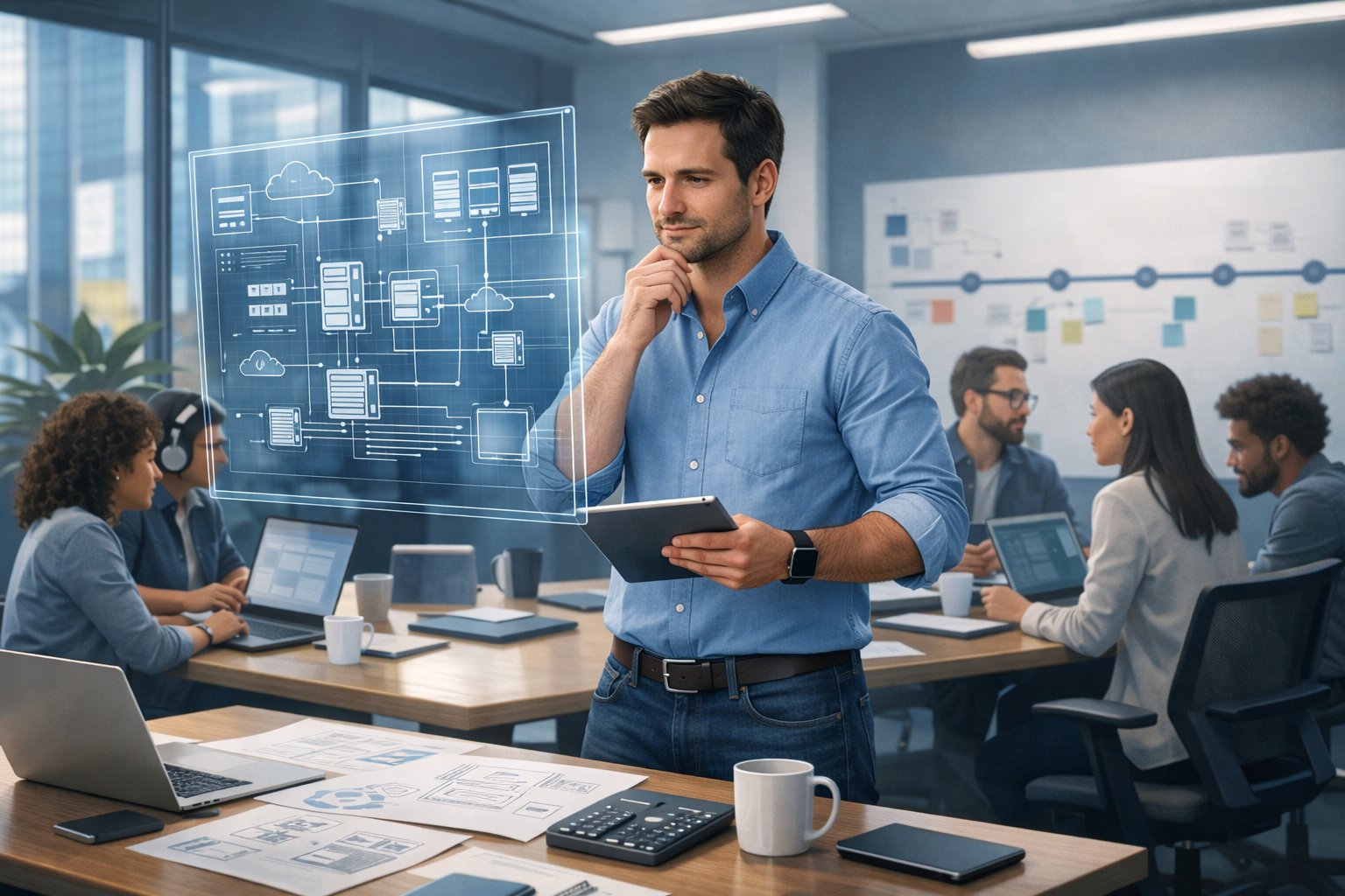A staff engineer reviewing digital diagrams in a modern office with a team collaborating around a table filled with laptops and technical materials.