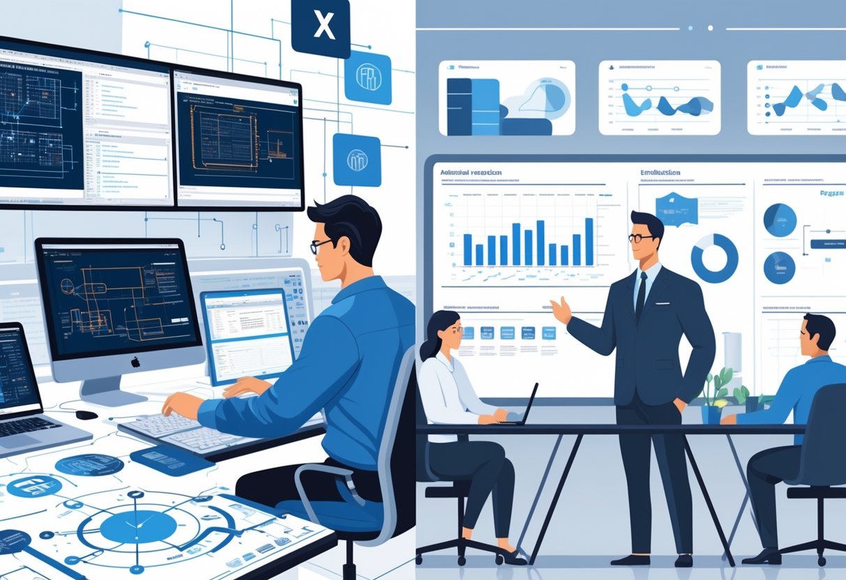 A scene showing a staff engineer working on technical blueprints and system diagrams at a desk, opposite an engineering manager leading a team meeting with charts and project plans.