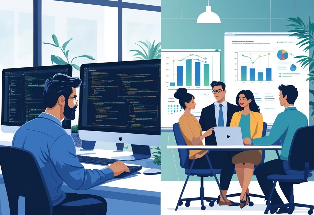 An office scene showing a staff engineer working on code at a computer and an engineering manager leading a team meeting with charts on a whiteboard.