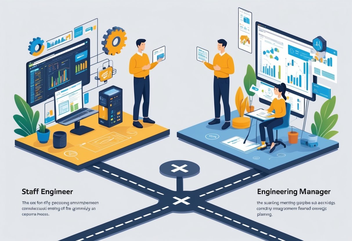 An engineer stands at a crossroads, contemplating two paths representing a technical role with coding and tools on one side and a leadership role with a team meeting and charts on the other.