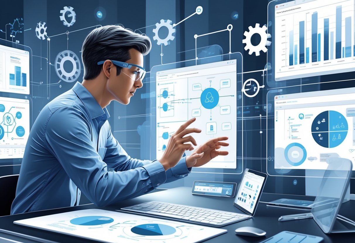 An engineer working with floating digital screens showing interconnected diagrams and system models in a modern workspace.