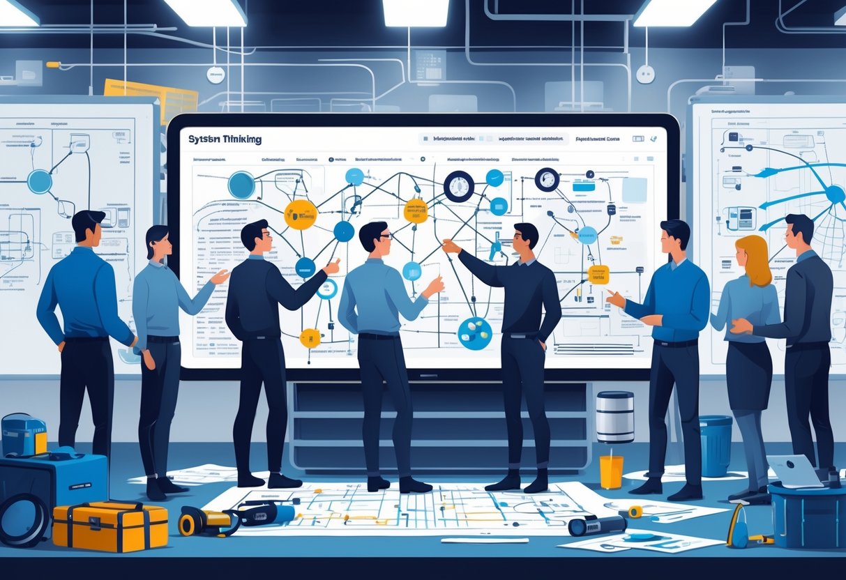 Engineers collaborating around a digital touchscreen table displaying interconnected system diagrams in a modern workspace filled with whiteboards and engineering tools.