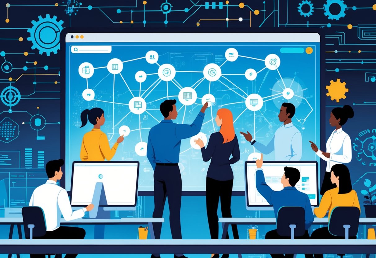 A group of engineers collaborating around a digital screen displaying interconnected system diagrams in a modern workspace.