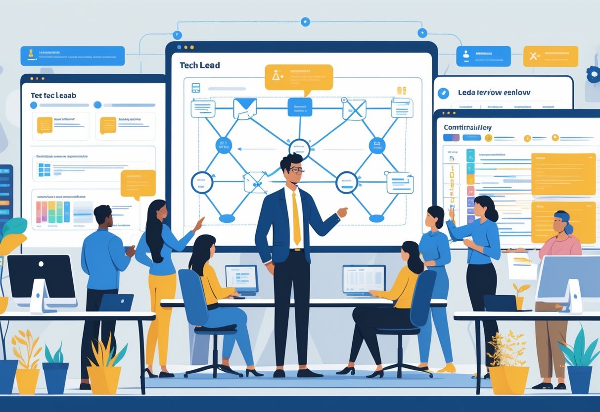 A tech lead guiding a diverse software development team in an office, surrounded by workflow diagrams and collaborative work.