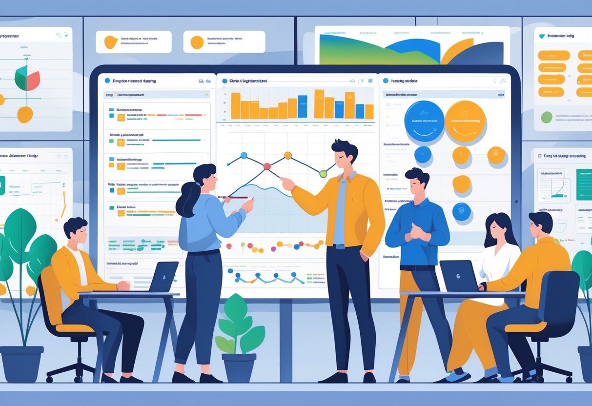 A tech lead guiding a team in a modern office with project boards, charts, and team members collaborating on tasks.