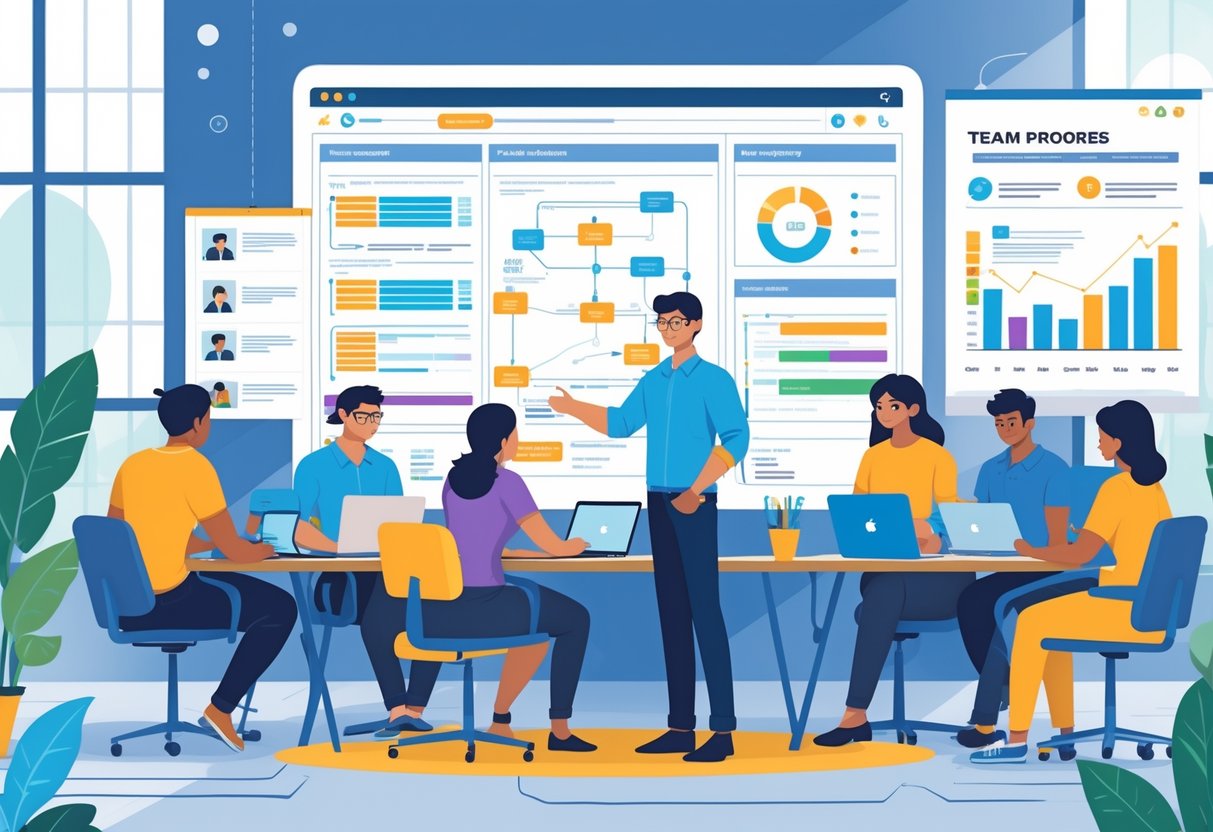 A tech lead guiding a diverse team of developers in an office, with a digital whiteboard and collaborative work environment.