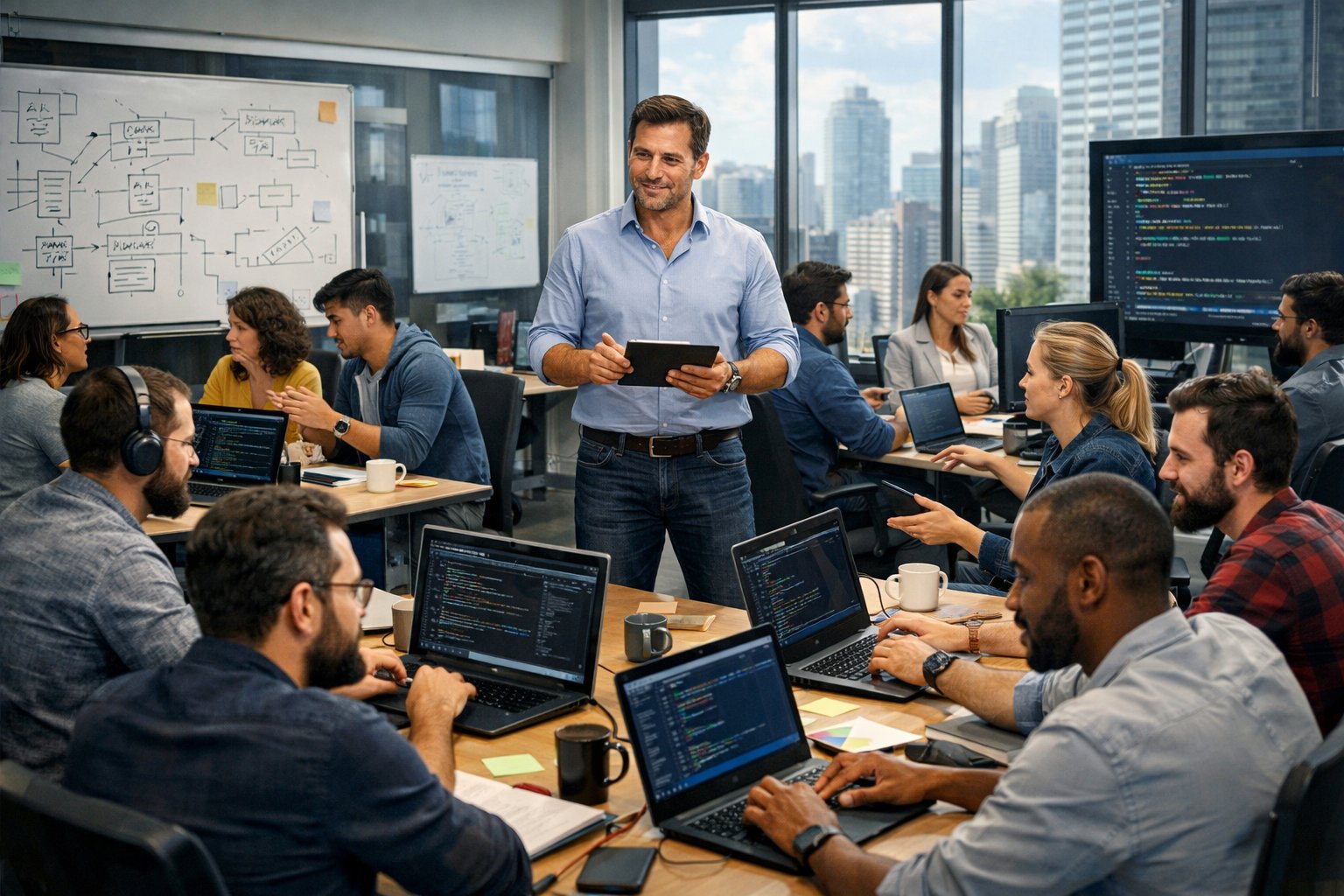 A tech lead standing and interacting with a group of engineers working together around a table in an office.