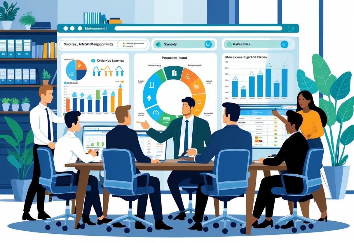 A group of business professionals collaborating around a conference table with digital charts and graphs, discussing strategies in a modern office setting.