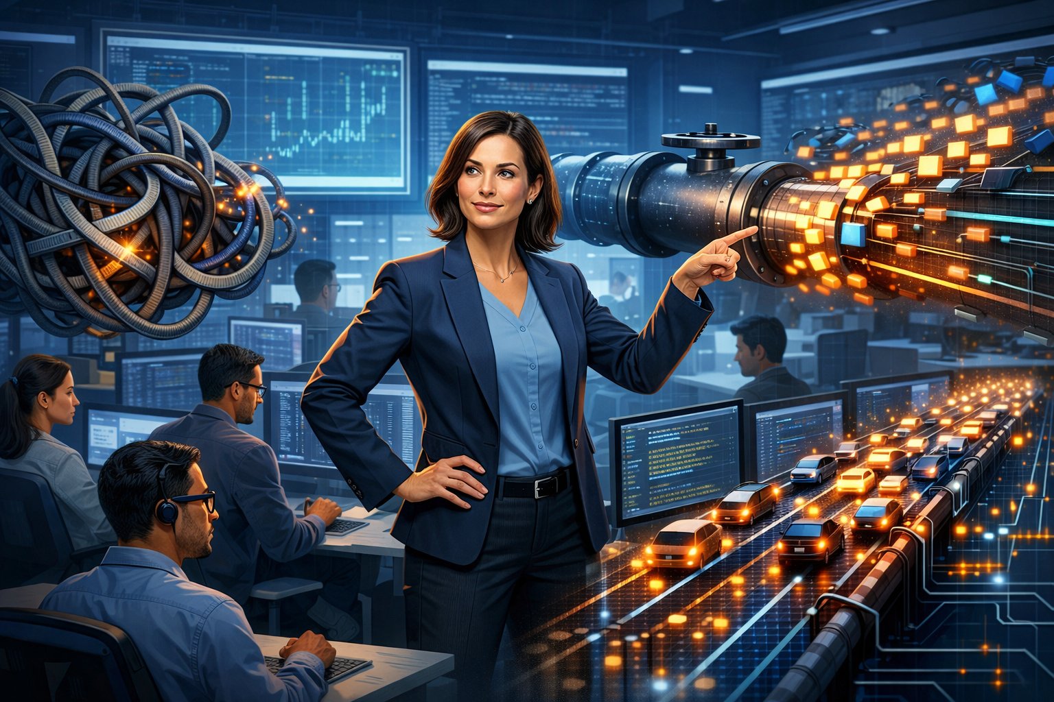 A VP of Engineering stands in a busy office surrounded by engineers and visual representations of data bottlenecks like tangled cables and blocked pipelines.