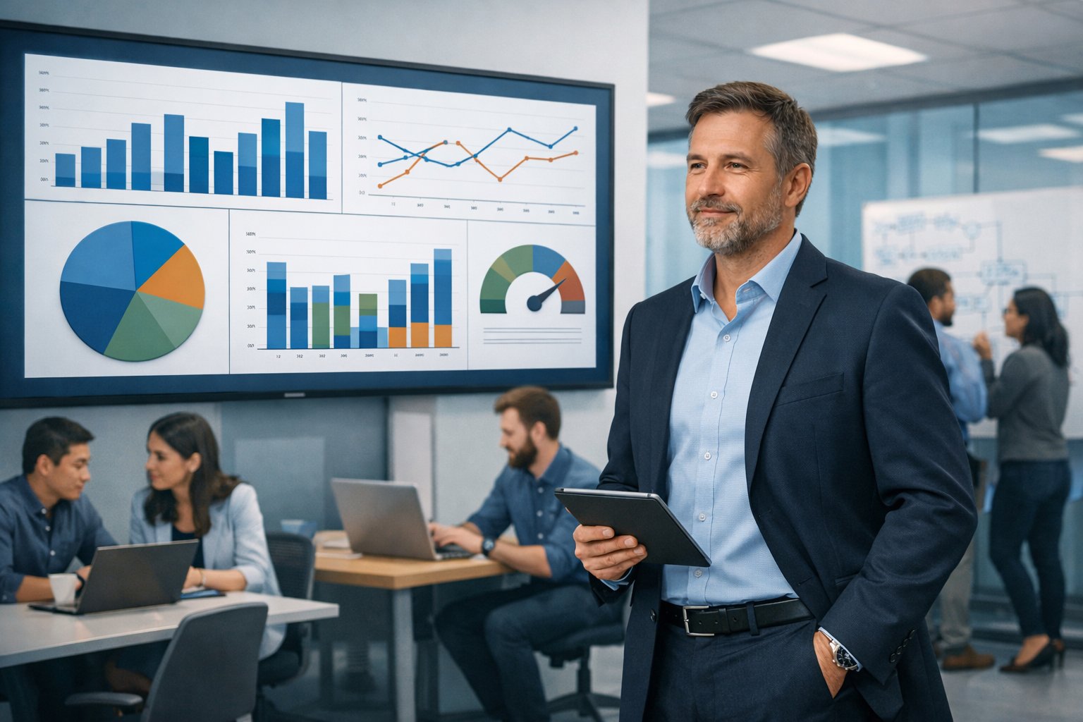 A VP of Engineering reviews a digital dashboard with charts and graphs while engineers collaborate in a modern office.