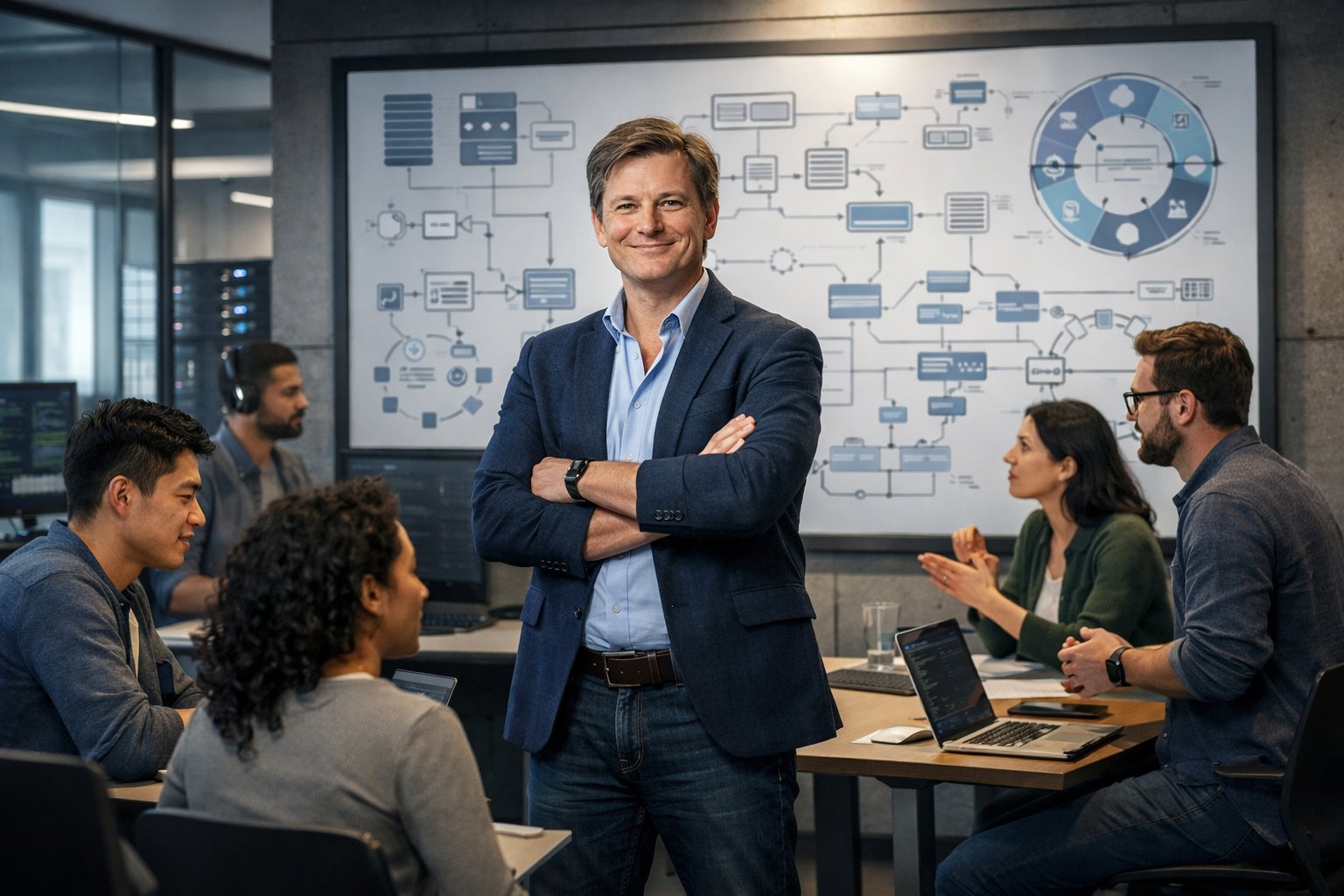 A VP of Engineering leads a diverse team in a modern office, standing by a digital whiteboard with engineering diagrams and charts, while team members collaborate around laptops.